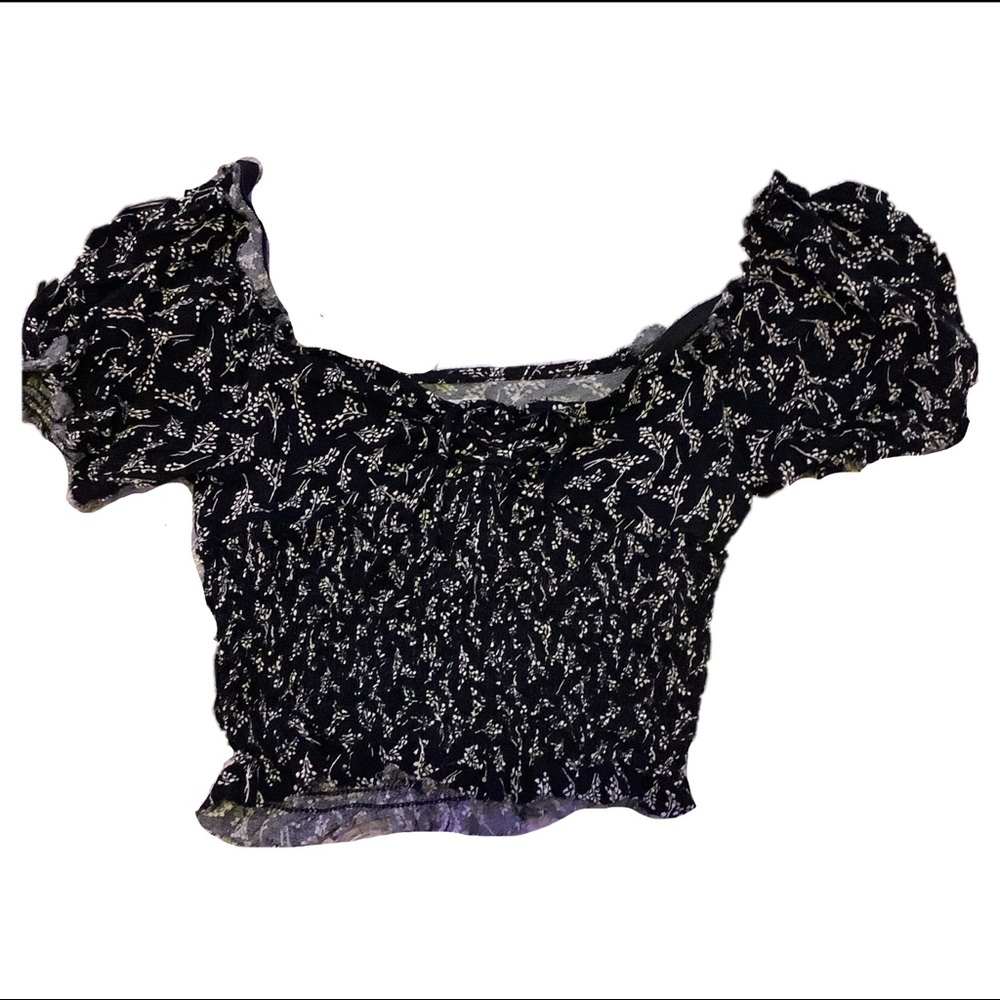 Black floral Draw String Crop Top